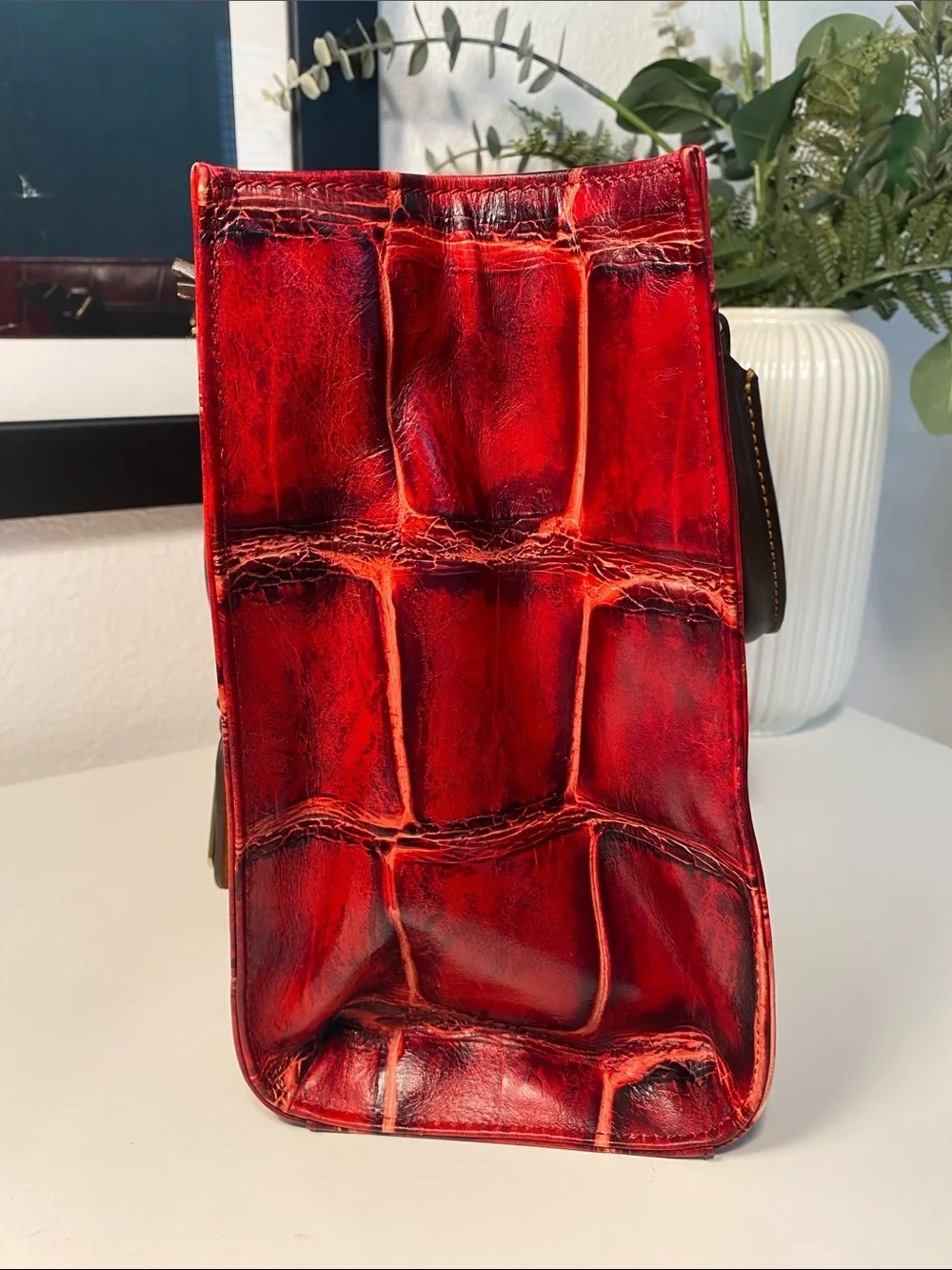 Dooney & Bourke Red Croc-Embossed Leather Satchel with Brown Trim